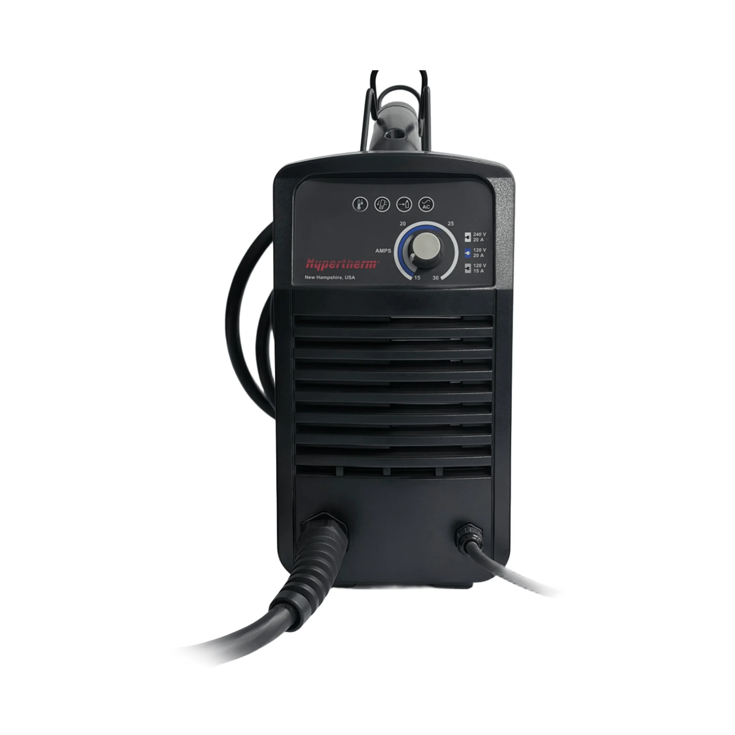 Vista frontal completa de equipo de corte por plasma Hypertherm Powermax 30 XP con salidas de antorcha y masa