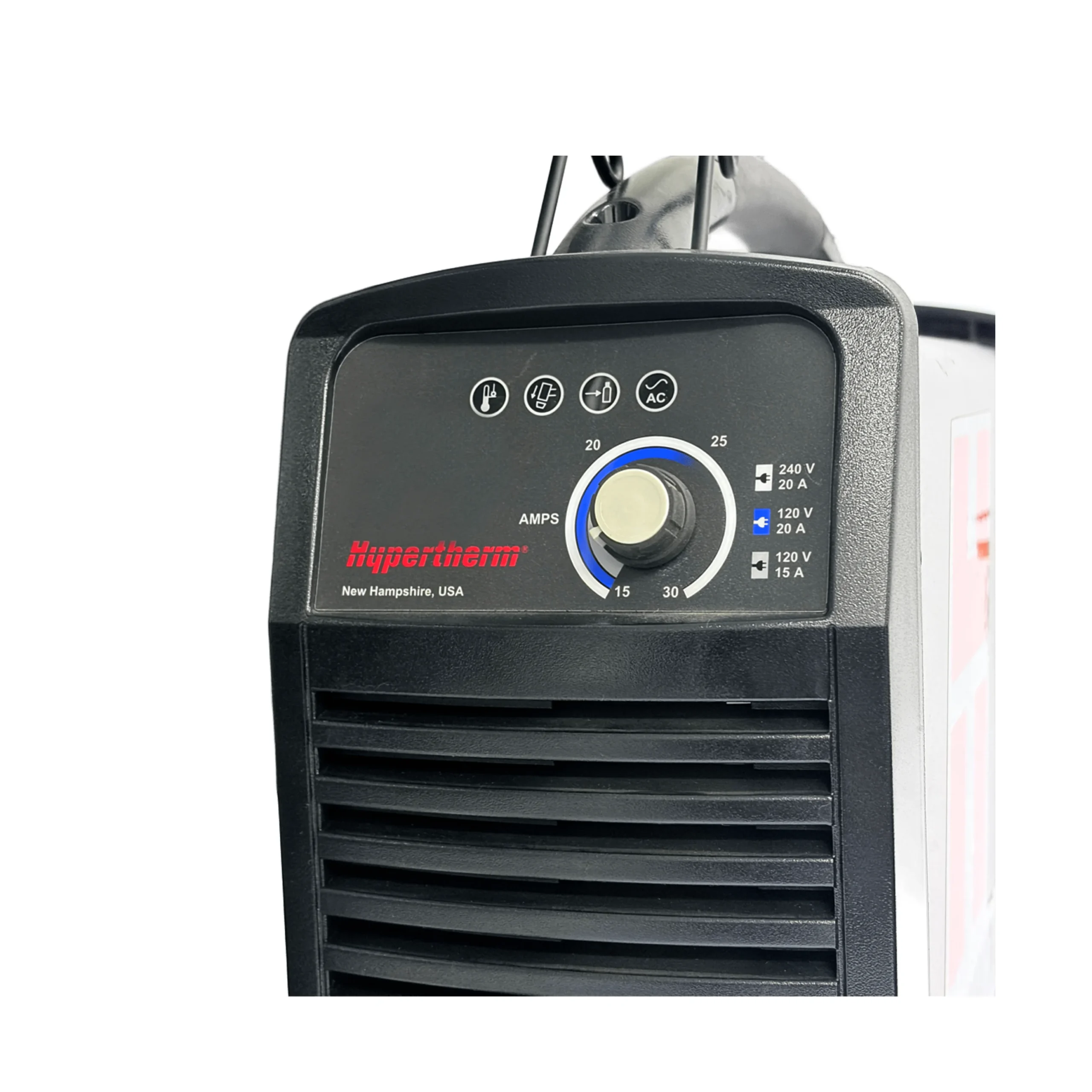 Panel frontal de control del cortador por plasma Hypertherm Powermax 30 XP con perilla de ajuste de amperaje