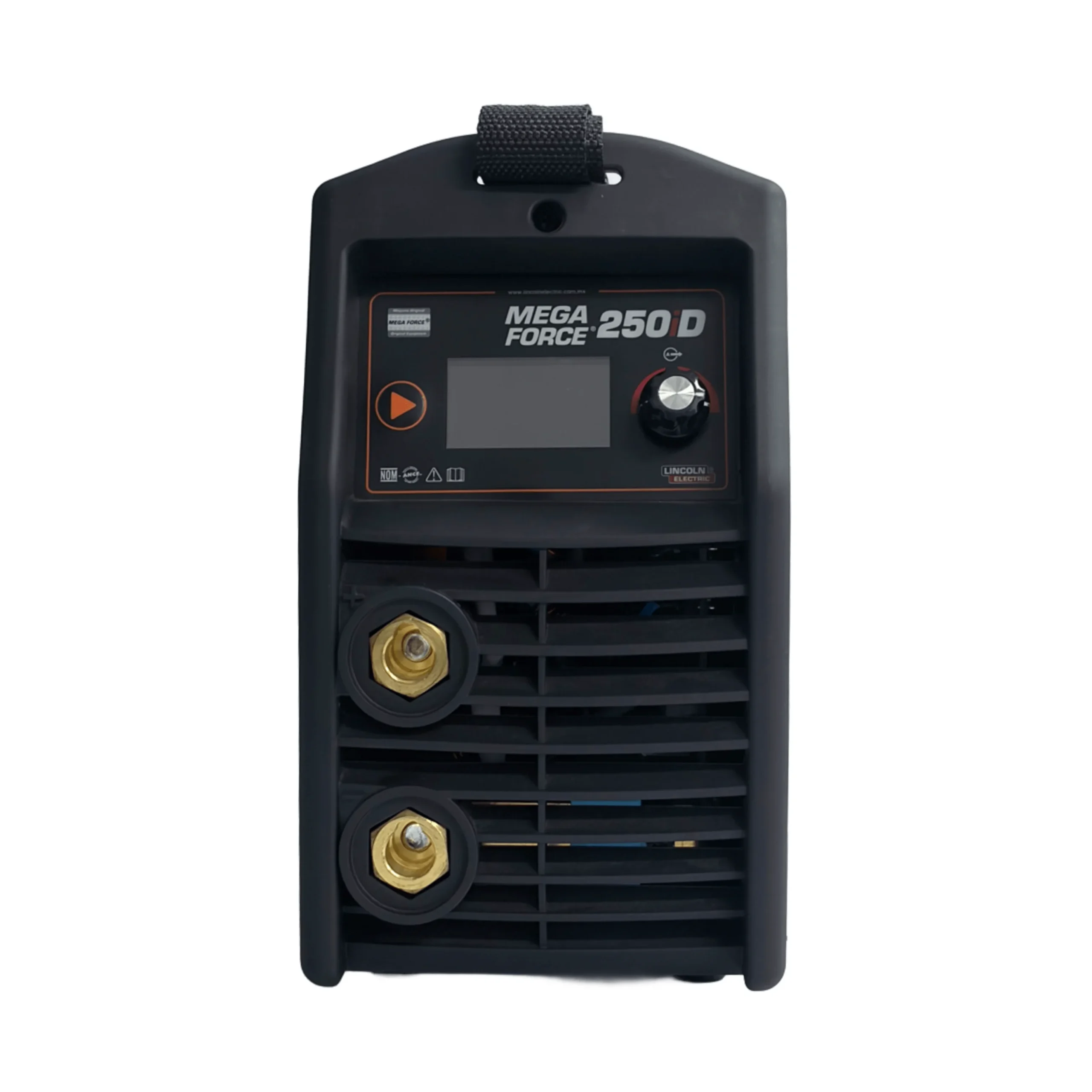 Vista frontal de equipo inverter soldador Lincoln Electric Megaforce 250D con panel digital y conectores de bornes
