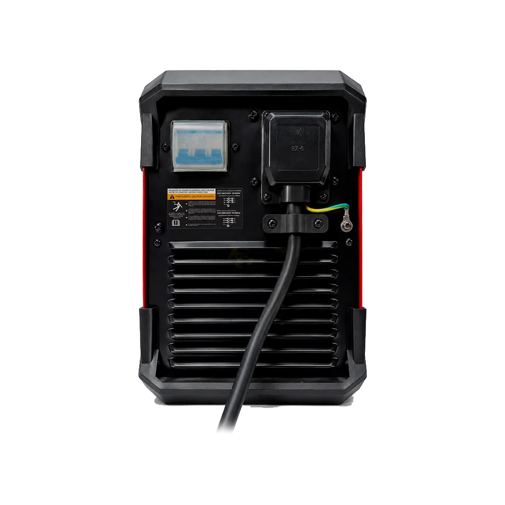 Vista posterior de soldador inverter Lincoln Electric con interruptor breaker, cable de alimentación y conexión a tierra